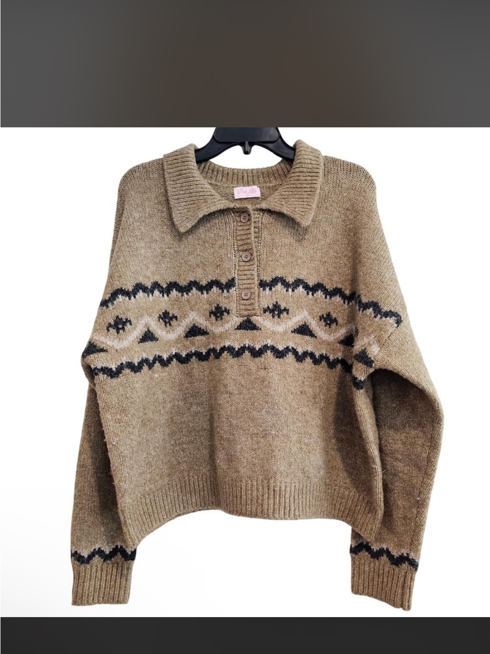 Pink Lily Brown Patterned Collared Knit Sweater